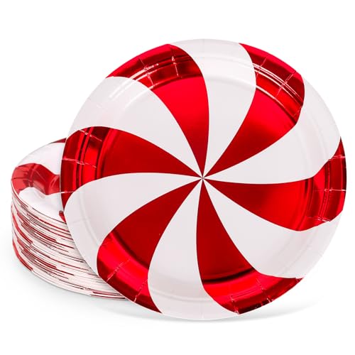 JarThenaAMCS 40Pcs Christmas Paper Plates Foil Red Candy Cane Stripe Disposable Plates 9 Inch Xmas Peppermint Party Tableware for Wedding Birthday Table Decor Supplies