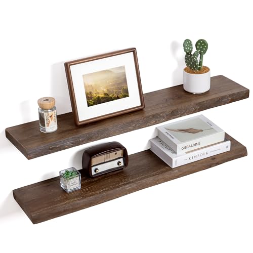 Image of Floating Shelves for Wall Decor, Rustic Solid Elm Wood Live Edge Floating Shelves Wall Mounted, Wall Shelves with Invisible Bracket for Living Room Bathroom Bedroom Kitchen, 36 Inch Set of 2, Walnut