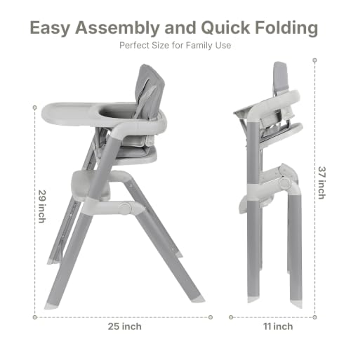 Image of Ezebaby High Chair for Babies Toddlers: Foldable Adjustable High Chairs with Removable Large Tray Easy-Clean Cushion Design Metal Baby High Chair(Grey)