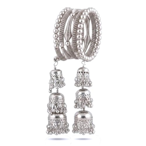 Image of Traditional Bangles set for Women | Oxidised Jewellery Bracelet for Girls Stylish | Latkan Chain Peacock Bangle Bracelet Adjustable for Navratri Festive Jewelry set of 1 (Pack of 1)