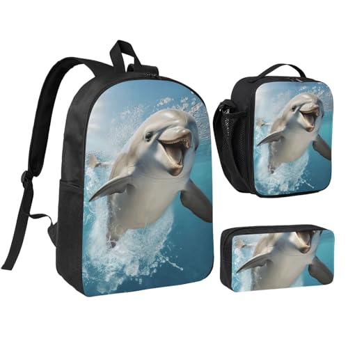 Funny Animal Dolphin print Backpack Bookbag for Daily Use,3 Pcs Backpack Set with Lunch Box and Pencil Case