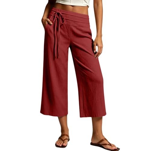 High Waist Wide Leg Linen Palazzo Trousers, Pocketed Loose Pants for Womens Summer Beach Vacation Outfits(1A-Red, L)
