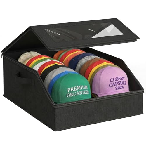 AURIVISTA Hat Storage for Baseball Caps, Holds up to 24 Caps, Stackable Hat Organizer for Closet, Dustproof Hat Box with Clear Window, Hollow Board Support & 2 Handles, Flip-Top Access (Black) by AURIVISTA - Used condition - US$17.13