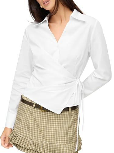 SUNNOW Women's Long Sleeve Blouse with Side Tie & Waist Pleats Loose Fit Fashion Top for Work (US, Alpha, Medium, Regular, Regular, White)
