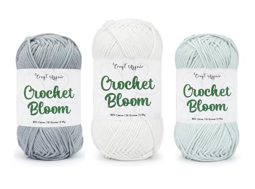 Image of Craft Affair | 8ply Cotton Crochet Yarn (Each Color 2mm, 77Meter, 50Gram) for Knitting Yarn | 100% Pure Cotton for Embroidery, Craft & DIY Project: Grey, White, Steel Grey