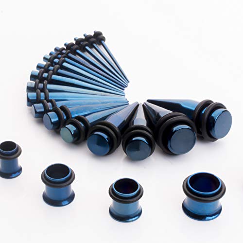 Cabbe Kallo 14G-00G 36Pcs Ear Gauges Stretching Kit Surgical Steel Tapers Tunnels Plugs Piercing Set Body Jewelry, Blue #TOP4