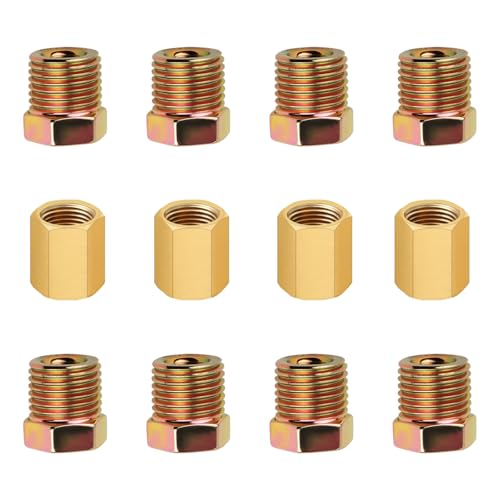 12PCS 7-16-24 Thread 1-4 Brake Line Fittings,1-4 Brake Line Union with 8 Nuts & 4-Unions for 0.25 Brakes Lines Inverted-Double Flares,Car Accessories Brakes Lines Kit (12Pcs-1-4)