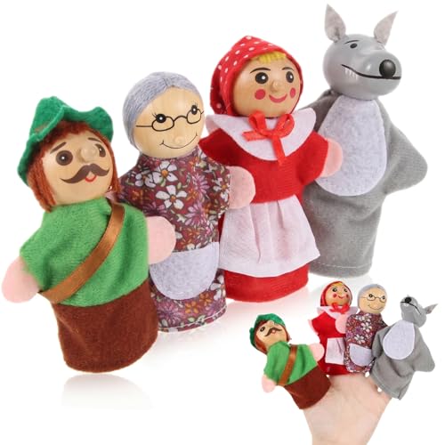 4 Stück Holz Fingerpuppen Set Rotkäppchen - Interaktives Fingerpuppen-Theater für Kindergeschichten Pädagogisch Idealer für Spaß im Klassenzimmer Kinderparty mit Wolf & Großmutter Und Mann