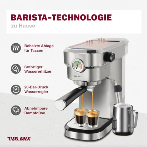TURMIX Espressomaschine TX 590 - Siebträgermaschine Edelsthal, 20 Bar-Kaffeemaschine mit milchschäumer, 17 cm breit, 1350W 1,1L Wassertank, Beheizte Tassenabstellfläche – Bild 5