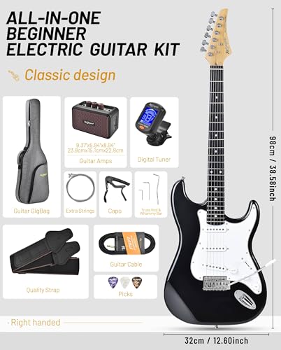 Image of Leo Jaymz Beginner Electric Guitar 39 inch Kit with Portable Amplifier, Padded Gig Bag, Digital Tuner，Capo，Strap，Picks，Classic SSS Pickups(Black-SSS)