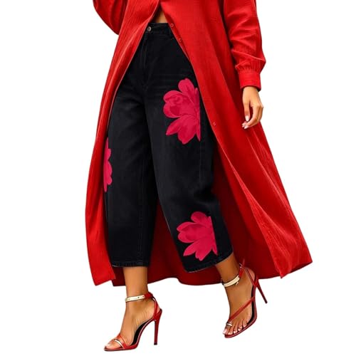 Jean baggy fleuri pour femme | Pantalon en denim stretch à fleurs colorées décontracté