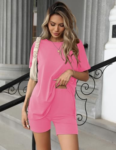Image of Ekouaer Women's 2 Piece Lounge Set 2026 Summer Biker Shorts Set Outfits Short Sleeve Oversized Top Matching Tracksuit