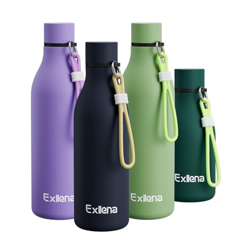 Image of Exllena Metal Water Bottle 500ml with Silicone Strap, Double Wall Vacuum Insulated Water Bottles Keeps Drinks Cold 24 Hrs/Hot 12 Hrs, Stainless Steel Water Bottle BPA Free(Navy Blue)