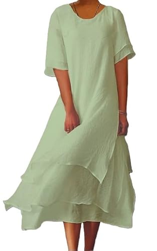 Dearetro Women's Summer Cotton-Linen Layered Maxi Dress Loose-Fit Solid-Color Flowy Short-Sleeve Round-Neck Dress