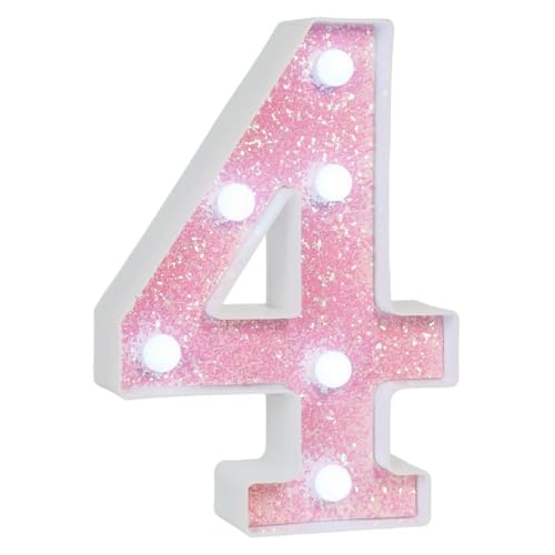 Image of Pink Glitter Marquee Light Up Numbers, LED Number Lights Battery Operated for Girls 4th 14th Pink Birthday Party Table Decorations, Wall Decor for Girls Bedroom, Number 4 Sign Cool White Lights