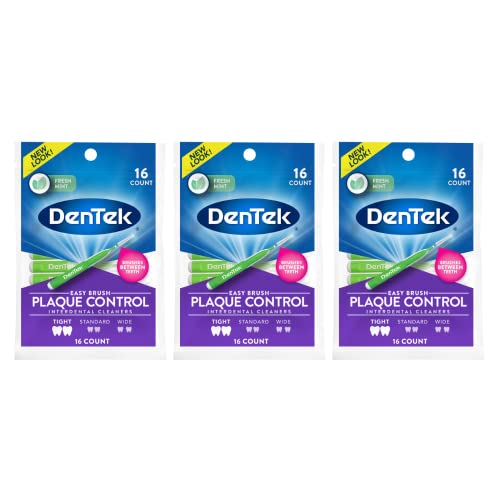 Image of DenTek Easy Brush Interdental Cleaners, Tight Between Teeth Brushes, Plaque Control, Dental Picks for Oral Care, Fresh Mint, 16 Count (Pack of 3)