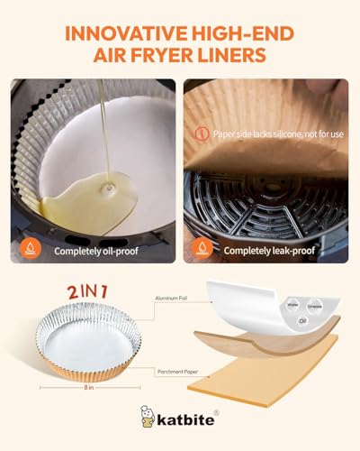 Katbite 80pcs Round Air Fryer Liners, 8in Disposable Food Grade Aluminum Foil Air Fryer Liner, Oil-Proof Accessories for 5-8 QT Airfryer,Oven Pan, Baking Basket -(Performance Series)