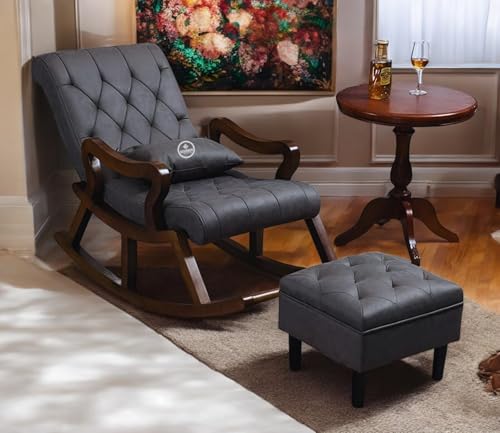 Image of Solid Sheesham Wood Rocking Chair for Living Room with Footrest and Pillow | Ergonomic Resting Chair with Ottoman for Relaxing and Pregnant Women (Grey)