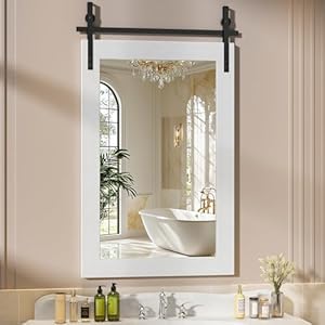 Hasipu Farmhouse Bathroom Mirror 24×36 Rustic Wood Framed Wall Mounted Mirror White Vintage Vanity Mirror Barn Door Style Decrative Mirrors