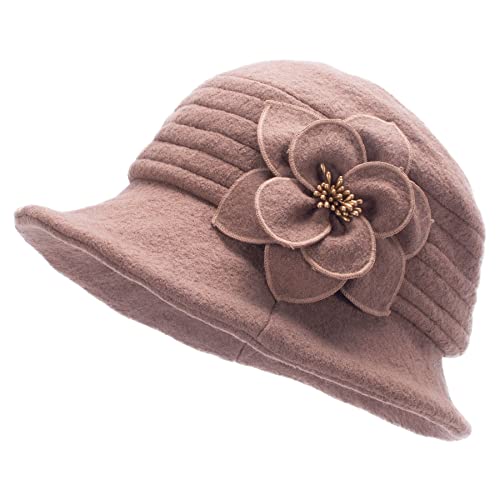 Womens Gatsby 1920s Winter Wool Cap Beret Beanie Cloche Bucket Hat A299 (Camel)