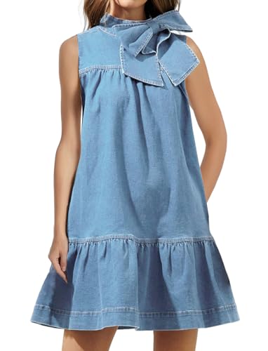 Image of EZAPINE Denim Dress for Women Summer Sleeveless Mock Neck Ruffle Hem Babydoll Jean Dress with Bow