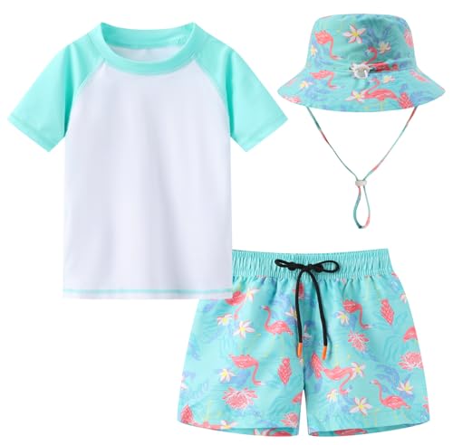 Toddlers and Baby Boys\' 3-Piece Rashguard Sets Swimsuits Sets with Hat Surfing Swimwear Sunsuit UPF 50+Flamingo(3-4T)