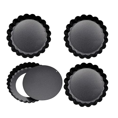 LoNinLoAn 4 Pcs Mini Tart Tins, 4.7 Inch Mini Quiche Tins with Removable Loose Bottom, Non-Stick Fluted Round Tartlet Tins for Baking Pies Flans Cheese