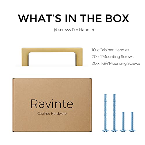 Image of Ravinte Brushed Brass Solid Pulls Cabinet Handles 3 Inch 10 Pack | Solid Zinc, Slim Design, Mounting Screws Included, Kitchen Cabinet Hardware, For Cupboards, Dressers, Drawers