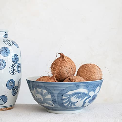 Image of Creative Co-Op Hand Painted Stoneware Bowl with Floral Design, Blue and White