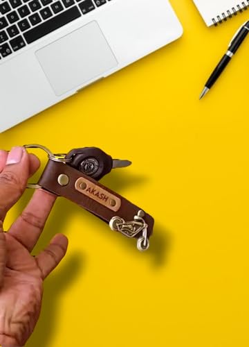 Image of Men's Leather Keychain Name Leather Keychains for Mens | Personalized Keychains with Name Printed Customized Keychain for Men | Customised Gift Set for Men with & Charm, Red