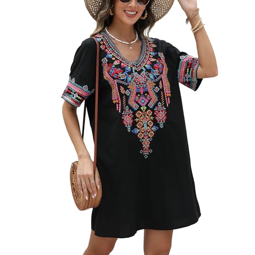 Image of Grosy Fiesta Embroidered Mexican Dress for Women Beach Vacation Plus Size Short Sleeve Summer Boho Dresses with Pocket