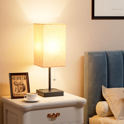 Image of Bedside Lamp for Bedroom - 3 Color Temperatures, USB A+C, 2 AC Outlets | Pull Chain Switch, LED Bulb Included, Cream Fabric Shade, 17.4 inch Table Lamp for Nightstand, Desk, Living Room, Office