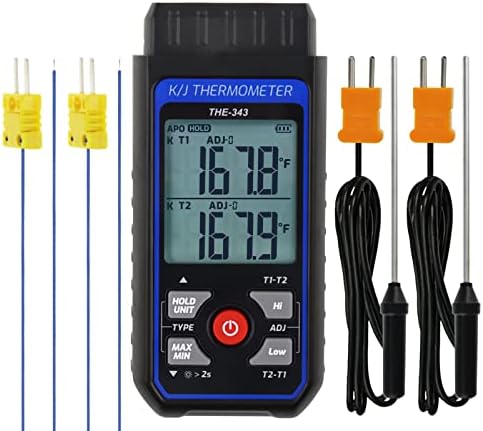 Digital K Type Thermocouple Thermometer With 4 Thermocouples, Dual Channel Temperature Meter -328~2500℉ Range HVAC Gauge with LED Backlight & ADJ Compensation