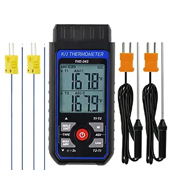 Digital K Type Thermocouple Thermometer with 4 Probes, -328 to 2500°F Range, Dual Channels, LED Backlight, and Adjustable Compensation