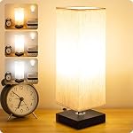 Beside Table Lamp-Bedroom 3-Way Dimmable Solid Wood Lamps with Modern Fabric Shade Reading Nightstand Lamps for Living Room, Kids Room, College Dorm, Office (LED Bulb Included)