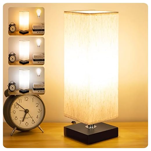 Bedside Small Table Lamp for Nightstand, 3-Color Options Solid Wood Lamp with Fabric Shade, Minimalist Desk Reading Lamps for Kids Room, Living Room,Bedroom, Office Dorm (LED Bulb Included)