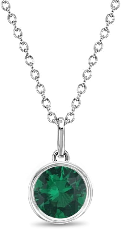 925 Sterling Silver Shining Round Simulated Birthstone Pendant Necklace For Preteens & Teenage Girls 16" - Classic CZ Necklaces for Girls - Beautiful & Sparkling Jewelry Gift For Teen Girls