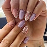 Floral Press on Nails Lilac Purple Fake Nails Gold Foil Glue on Nails Spring Nails Short Almond False Nails with Design Glossy Reusable Acrylic Full Cover Stick on Nails for Women Manicure 24Pcs