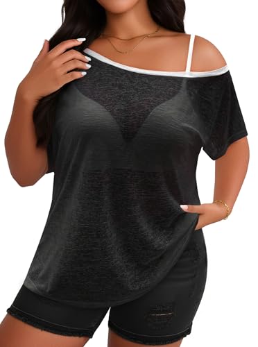 Image of Hilinker Women's Plus Size Sheer Mesh Short Sleeve Top