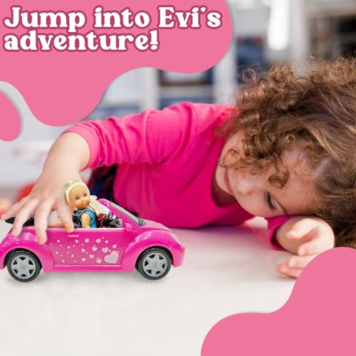 Image of Evi Love Evi's Beetle| Realistic Evi Doll with Her Beetle Car| Evi with Her Pet| Vibrant Pink Car with Hiking Backpack| Ideal Playset for Girls of 3+