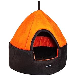 Amazon Basics Soft Velvet Fabric Dual Color Pet Hut Bed with Center Pillow | Small | Black and Orange | For Cats and Small Dogs | Easy to Clean | Unique Design | Diameter 18 Inch, Height 18 Inch