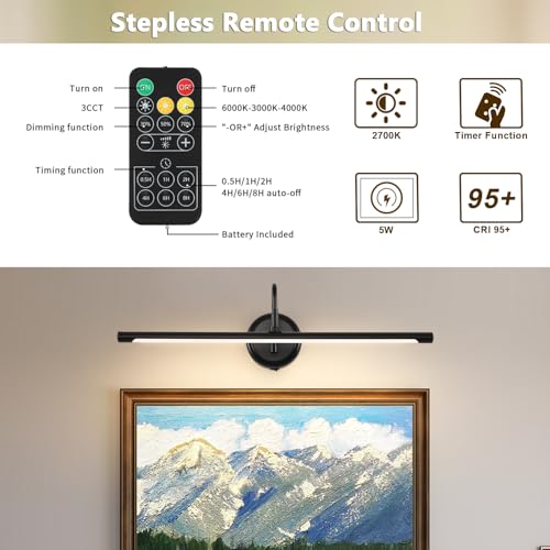 JOOSENLUX Battery Operated Picture Lights Modern Wireless Wall Lights 24.4" Inch Dimmable Under Counter Lights for Kitchen with Swing Arm as Canvas Wall Sconce Light Black 3000K CRI95+ by JOOSENLUX - Image 5