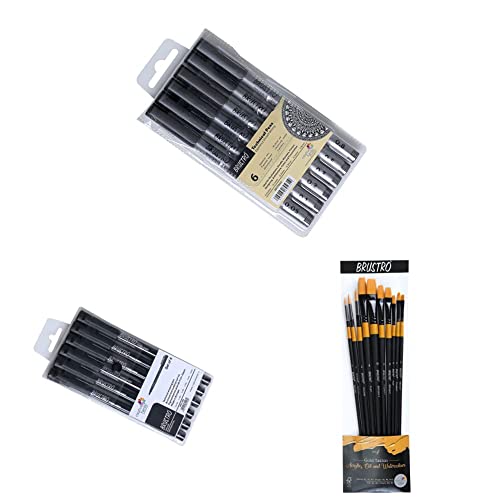 Image of BRUSTRO Technical Pen (Pack of 6) & Professional Pigment Based Fineliner - Pack of 6 (Black) & Artists Gold TAKLON Set of 10 Brushes for Acrylics, Oil and Watercolour