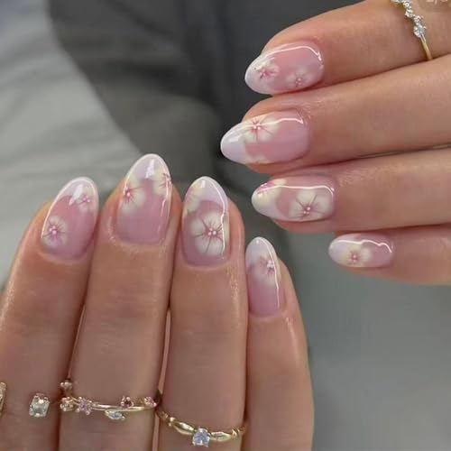 WUHCIM Medium Almond Press on Nails - Cute Star False Nails Striped Fake Nails Press ons with Y2K Style Design, Full Cover Glue on Nails for Women Manicure 24Pcs