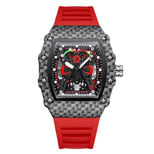 RORIOS Men's Fashion Watch Tonneau Sport Wristwatch Analogue Quartz Watch Luminous Date Calendar Watch for Men with Silicone Strap Red