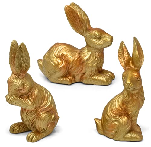 Gift Boutique 3 Easter Gold Bunny Figurine Decor Table Topper Holiday Spring Resin Golden Rabbit Bunnies Sculpture Decorative Tabletop Centerpiece for Dining Room Home Party Supplies Decorations