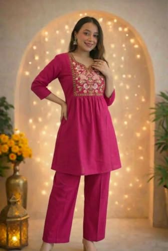 Image of Women's Rayon Embroidered Kurti with Pant Set | Floral Yoke Design | 3 /4 Sleeve Ethnic Co-Ord Set | Regular Fit Traditional Outfit