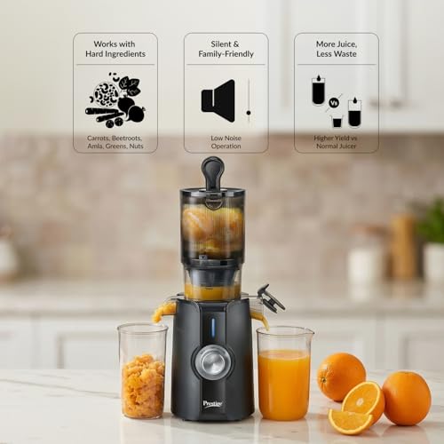 Image of Prestige Natura 200W Cold Press Slow Juicer | 105mm Wide Chute | Interlocking Safety | Reverse Function | Juice and Pulp Collectors | Quiet Operation | Easy to Clean | Black | 2 Year Warranty