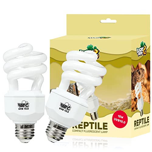 LUCKY HERP 2 Pack UVA UVB Reptile Light, 15W 10.0 UVB Bulb for Desert Reptiles, Compact Fluorescent Terrarium Lamp, Reptile UVB Bulb for Bearded Dragon, Lizard, Tortoise