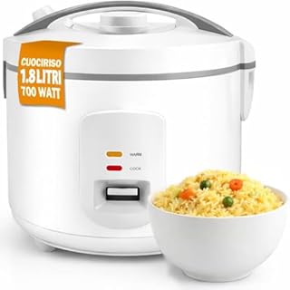 BAKAJI Cuociriso Elettrico Capacità 1.8 Litri con Cottura Automatica Sana e Veloce, Cuoci Riso Potenza 700 W per Cucina Carne, Verdure, Frutta e Fiori, Pentola Antiaderente, Facile Utilizzo (Bianco)